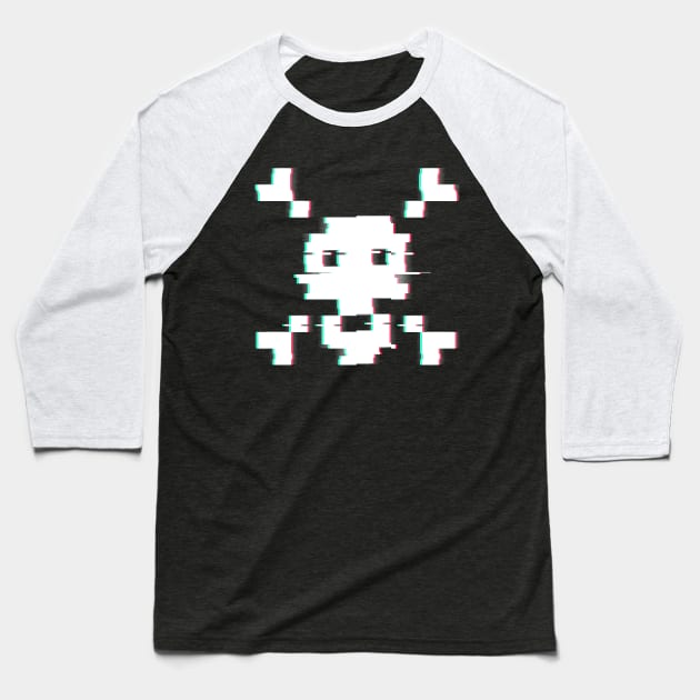 Pixel Skull Distort Baseball T-Shirt by ControllerGeek